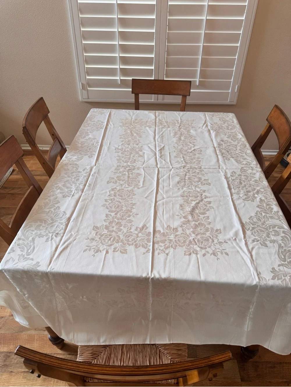 Vintage Made in Japan Ivory Floral Damask Tablecloth 57x86 Mid Century
